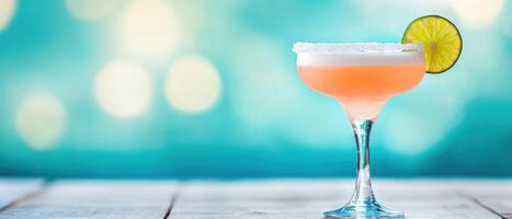 refreshing frozen margarita with salted rim and lime garnish, perfect for summer enjoyment. vibrant colors and bokeh background enhance its appeal photo