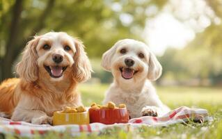 Two happy dogs sitting on picnic blanket with food bowls, enjoying sunny day outdoors. Their joyful expressions reflect playful and loving atmosphere photo