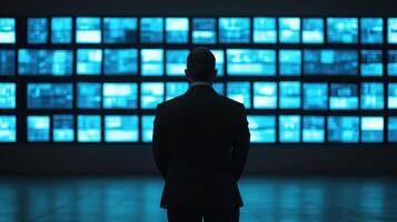 Security officer monitoring multiple screens in dark room, focused on data analysis and surveillance. blue light creates high tech atmosphere photo