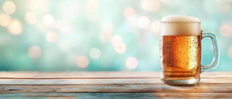 Frosty beer mug with condensation droplets on wooden table, creating refreshing atmosphere. Perfect for summer gatherings and celebrations photo