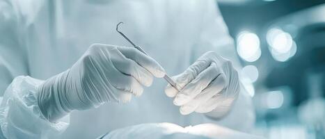 Close up of dentist gloved hands adjusting dental tools for patient care, showcasing precision and professionalism in clinical environment photo