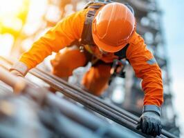 worker in orange uniform climbs ladder on oil rig, showcasing determination and focus. bright sunset adds dramatic backdrop to this challenging task photo