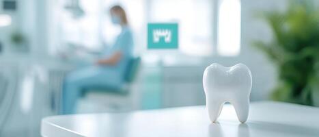 close up of dental model in modern clinic, with blurred dentist in background, creating calm and professional atmosphere photo