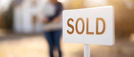 Sold sign reflecting soft light, framing blurred background of house, symbolizing successful real estate transactions and new beginnings photo