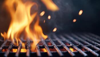 close up of flames rising through grill bars, creating warm glow and sparks. intense heat and vibrant colors evoke sense of cooking and outdoor gatherings photo