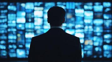 Security officer monitoring multiple screens in control room, showcasing vigilance and professionalism. blue light reflects high tech environment photo