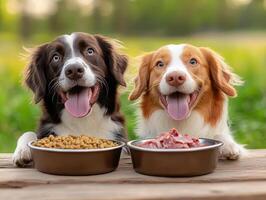 Two happy dogs sitting side by side with bowls of kibble and meat, enjoying their meal in sunny outdoor setting. Their playful expressions reflect joy and companionship photo