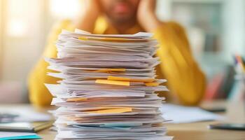 stack of unpaid invoices on cluttered desk, causing stress and frustration. disorganized paperwork reflects overwhelming nature of financial responsibilities photo