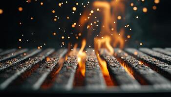 dramatic shot of hot grill with vibrant orange flames and glowing embers, creating intense atmosphere. sparks dance in air, enhancing fiery scene photo