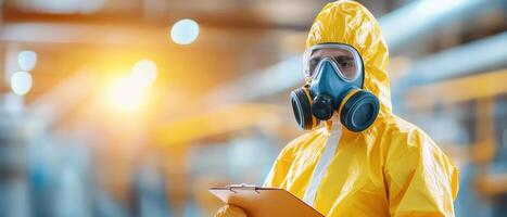 worker in chemical plant wearing gas mask and protective suit, holding clipboard. environment is industrial, emphasizing safety and caution photo