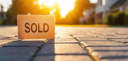 creative angle showing SOLD sign casting shadow on paved surface during sunset, symbolizing successful sale and new beginnings photo
