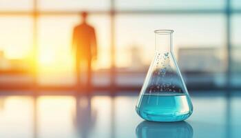 glass flask with bubbling blue liquid sits on laboratory table, illuminated by warm sunlight. silhouette of person is visible in background, creating sense of curiosity and discovery photo
