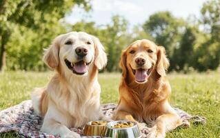 Two happy dogs sitting on blanket in sunny park, enjoying their food bowls. Their joyful expressions reflect playful and loving atmosphere photo