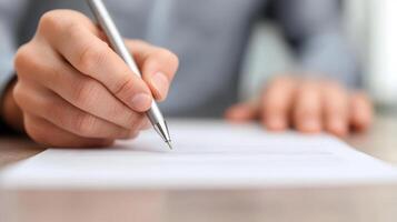 person is focused on signing document with silver pen, showcasing moment of commitment and attention to detail. setting suggests professional environment photo