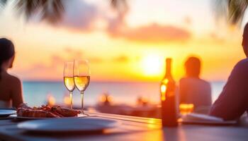 romantic sunset dinner with seafood, wine, and beautiful view. silhouettes of two people create serene atmosphere, perfect for memorable evening photo