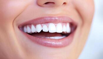 bright smile showcasing healthy, white teeth and smooth lips, radiating confidence and happiness. This captures essence of dental care and personal grooming photo