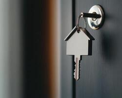 metallic house shaped keyring hanging from key in door lock, symbolizing home and security. soft lighting adds warm and inviting atmosphere photo