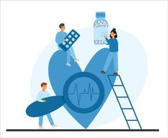 Healthcare concept with medicine bottles and pills around a heart cardiogram. Teamwork, patient care, and the importance of heart health vector