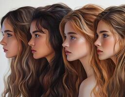 Models long colorful hair in creative styles featuring unique cuts that celebrate diverse ethnic backgrounds and age ranges isolated on white background photo