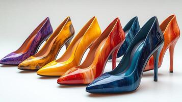High heels fresh designs available in bold patterns and colors featuring varied inch heights for a modern and artistic outfit isolated on white background photo