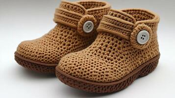 Handcrocheted baby shoes a secure button closure made from organic cotton yarn for a soft and ecofriendly choice isolated on a white background photo