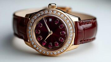 Elegant ladies watch ruby accents surrounding the dial and a sleek gold strap blending timeless fashion with luxury isolated on white background photo