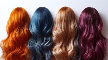 Longhaired model gradient dye colors featuring sleek cuts and contemporary styles representing a mix of cultures and ages isolated on white background photo