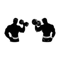 A dynamic silhouette image of two bodybuilders lifting dumbbells. vector