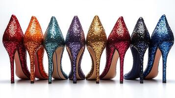 High heels bold patterns and striking designs available in vibrant shades and varied heights for a stylish fit isolated on white background photo