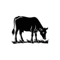 A simple, black silhouette of a cow grazing peacefully in a field of grass. vector