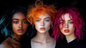 Trendy models unique haircuts and vibrant dye patterns showcasing modern styles that reflect cultural and age diversity isolated on white background photo