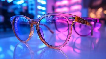 Funky neon eyeglasses bold frames merging luxury with professional appeal for modern office environments isolated on white background photo