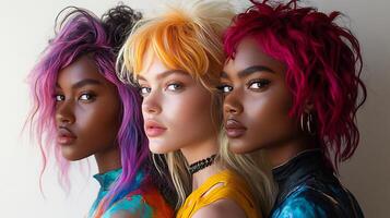 Mediumlength hair model innovative dye patterns showcasing bold cuts and dynamic styles that reflect a variety of cultures isolated on white background photo