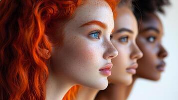 Collection of models with short and long hair in bold hues showcasing stylish cuts and unique designs across different cultures and age groups isolated on white background photo