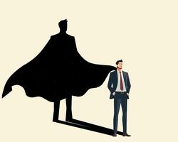 illustration of a confident businessman in a suit with a superhero shadow in the background, symbolizing inner strength, ambition, and potential. Ideal for concepts of leadership and motivation vector