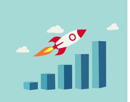 Rocket launching over a bar chart, symbolizing business growth and success, with a light blue background and scattered white clouds. Perfect for startups vector