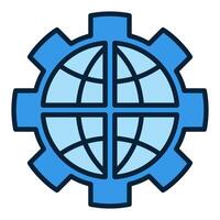 Earth Globe inside Cog Wheel Balance of Power blue icon or design element vector
