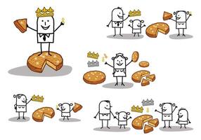 Set of five illustrations - Hand drawn cartoon stick characters celebrating the Three Kings day with Epiphany cakes, crowns and beans - vector