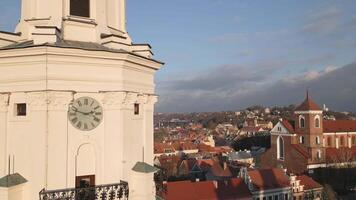 Kaunas, Lithuania - 16th november, 2024 - aerial view The Town Hall Kaunas on sunset. Town Hall Square - the heart of the Old Town. The structure dates from the 16th century video