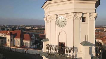 Kaunas, Lithuania - 16th november, 2024 - aerial view The Town Hall Kaunas on sunset. Town Hall Square - the heart of the Old Town. The structure dates from the 16th century video