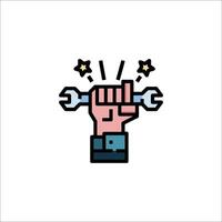 A hand holding a wrench icon in a flat style vector