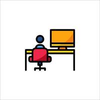 A person sitting at a desk with a computer monitor vector