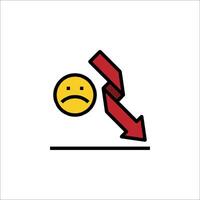 A sad emoticor with a red arrow pointing down vector