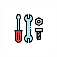 A wrench, screwdriver and nut are shown in a line icon vector