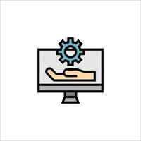 A computer screen with a hand holding a gear vector
