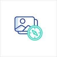 A blue and green icon with a compass and a camera vector