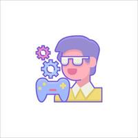 A man wearing glasses holding a controller and a game controller vector