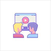 Two people are watching a on a computer screen vector