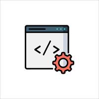 A computer screen with a code symbol and a gear vector