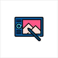 A computer monitor with a pen and a mountain vector